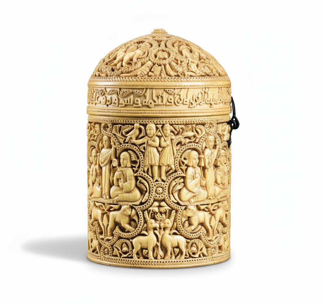 Objet sculpté en ivoire Pyxide au nom d'al-Mughira, Louvre