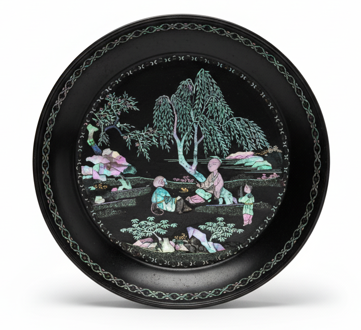 Assiette en laque noire et nacre règne de Kangxi
