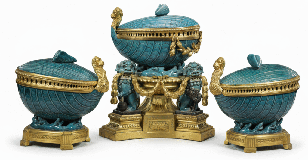 Porcelaine bleu céleste Kangxi à monture de bronze doré d'époque Louis XV